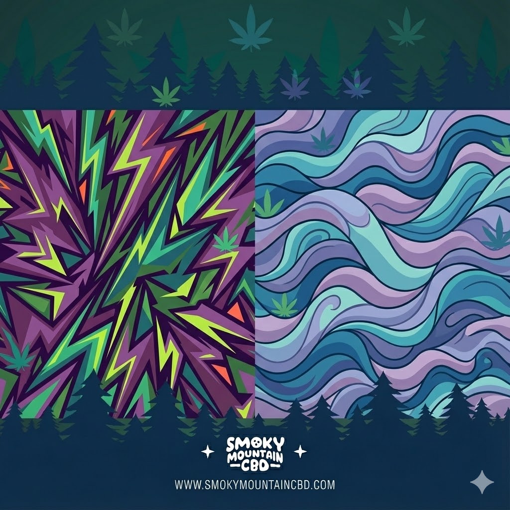 Abstract visualization of high intensity energy versus smooth flowing Delta 8 energy